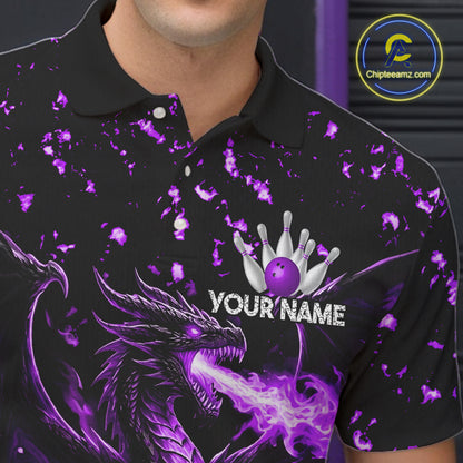 Fire Flame Dragon Bowling Polo Quarter Zip Shirts For Men Custom Team Bowling Jerseys | Purple NYN3452