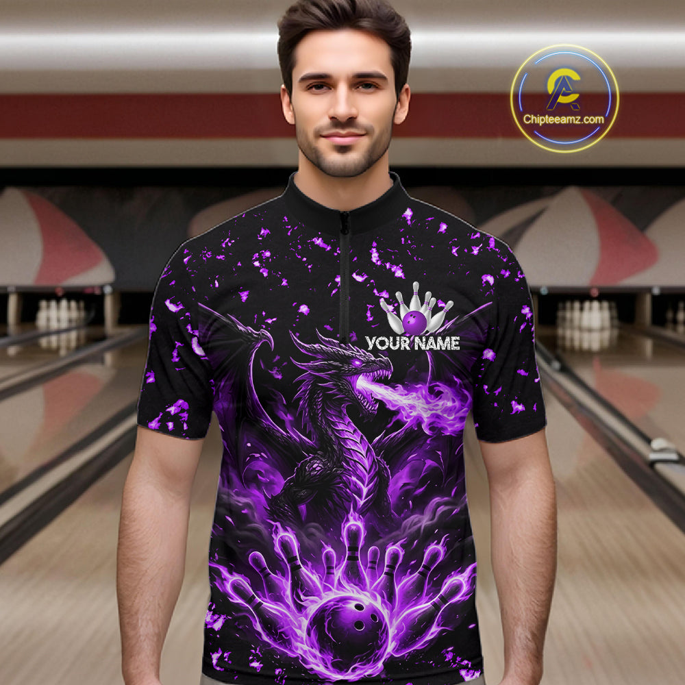 Fire Flame Dragon Bowling Polo Quarter Zip Shirts For Men Custom Team Bowling Jerseys | Purple NYN3452