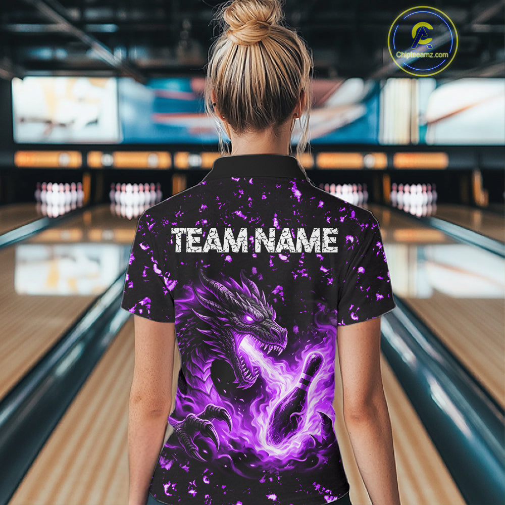 Fire Flame Dragon Bowling Polo Quarter Zip Shirts For Women Custom Team Bowling Jerseys | Purple NYN3452
