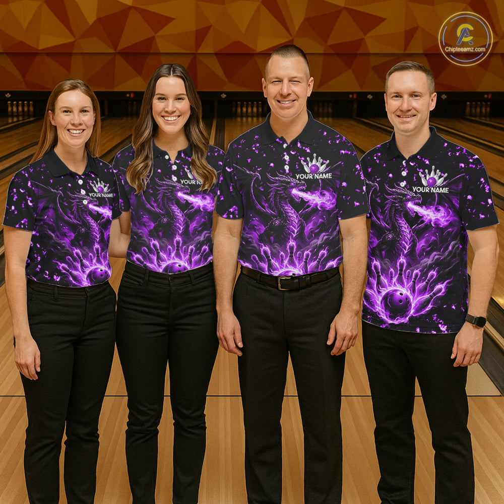 Fire Flame Dragon Bowling Polo Quarter Zip Shirts For Women Custom Team Bowling Jerseys | Purple NYN3452