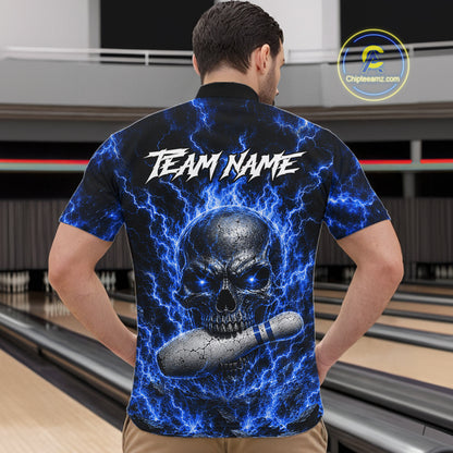Man wearing blue skull thunder lightning bowling shirt custom bowling apparel