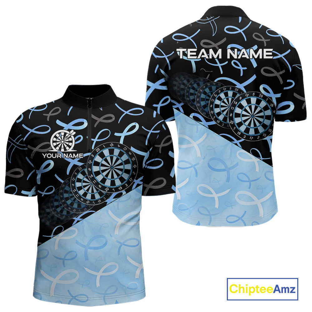 Blue Black Ribbon Men's Quarter-Zip Darts Jersey Mockup, Charity Dart Team Uniform, Professional Awareness Apparel