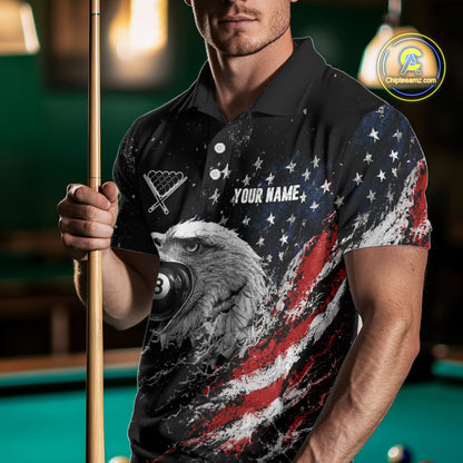 Male model wearing Custom US Flag Eagle billiard polo, personalized patriotic pool jersey, professional cue sports apparel, military appreciation tournament clothing, championship performance uniform, competitive team sportswear