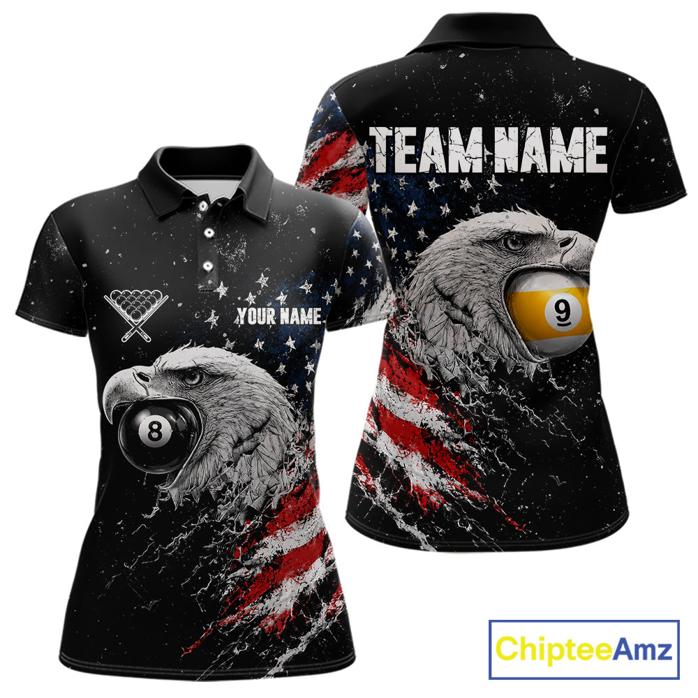 Custom US Flag Eagle women's 8 Ball & 9 Ball billiard polo featuring patriotic American flag, soaring eagle and cue ball graphics, personalized pool team jersey, league apparel, cue sports performance shirt, veterans tournament uniform, moisture-wicking athletic polo
