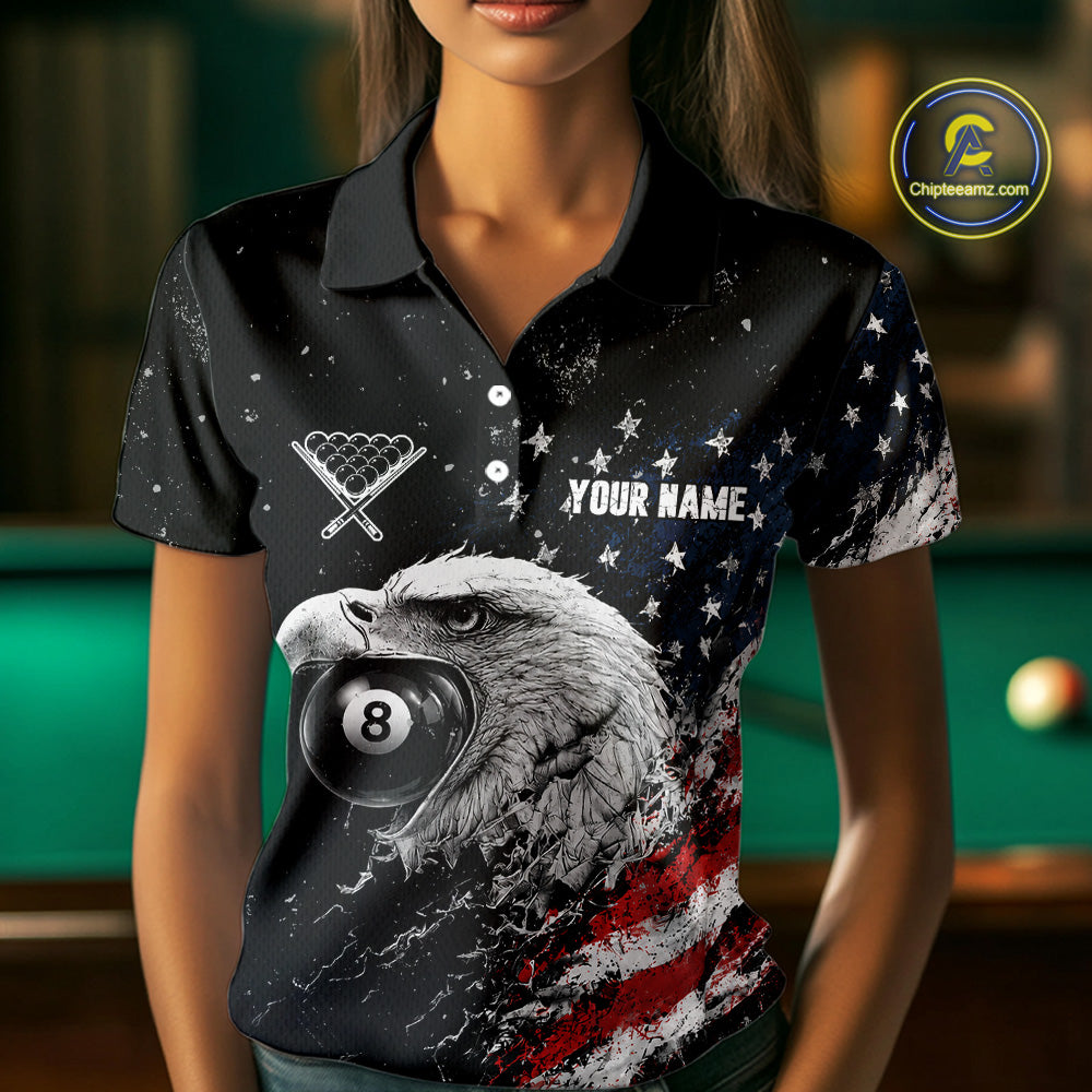 Female model wearing Custom US Flag Eagle pool polo, patriotic women's billiard tournament jersey, personalized APA league apparel, American eagle cue sports uniform, performance athletic clothing