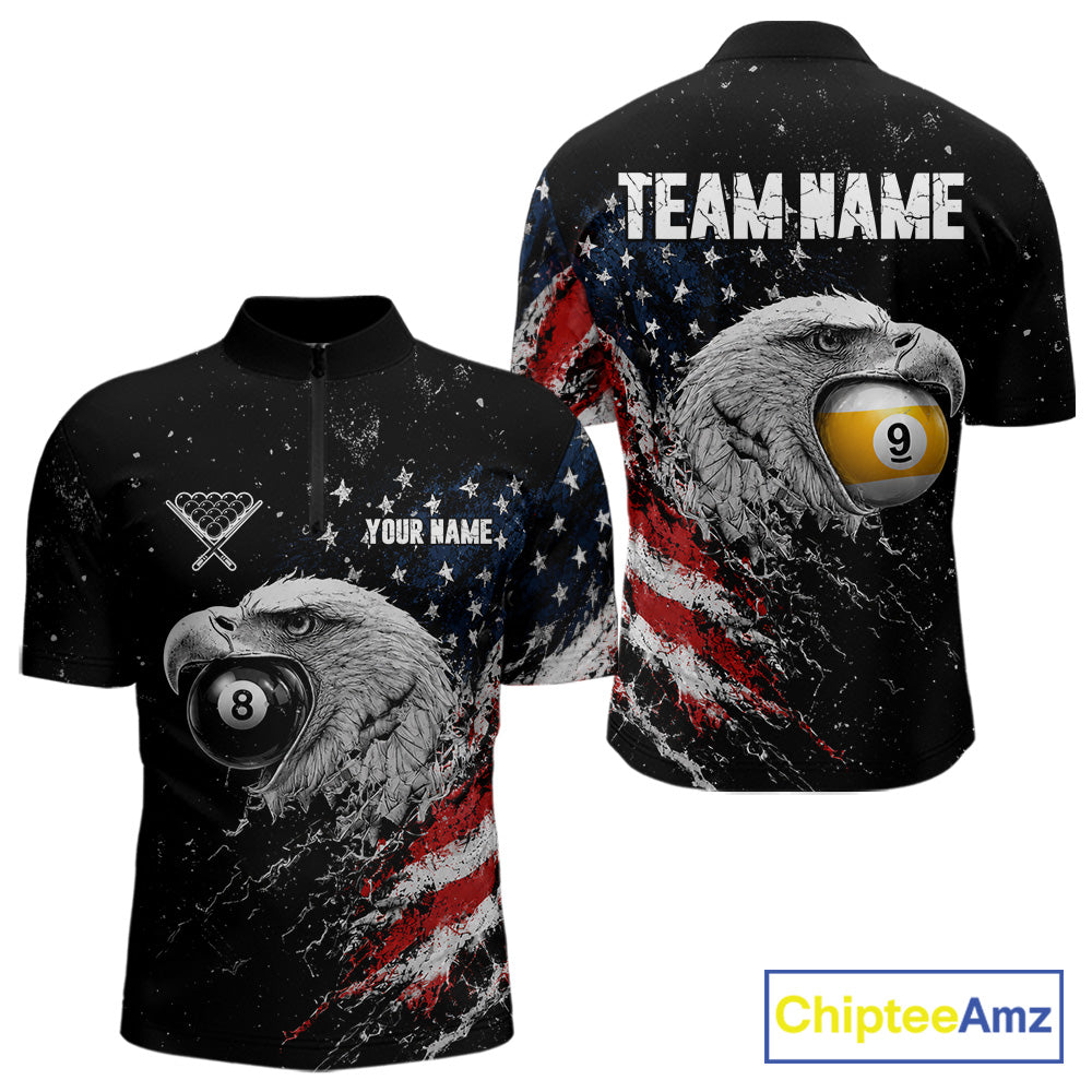 Custom US Flag Eagle men's quarter-zip billiard jersey with patriotic USA eagle graphics, personalized pool tournament apparel, custom cue sports team shirt, veterans event uniform, performance athletic jersey