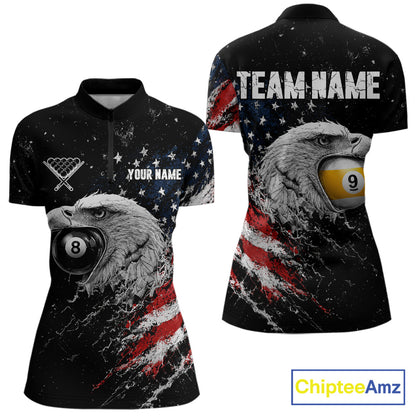 Custom US Flag Eagle women's quarter-zip billiard jersey featuring American flag and eagle artwork, personalized 8 Ball & 9 Ball tournament shirt, custom cue sports apparel, patriotic pool league uniform, championship performance clothing
