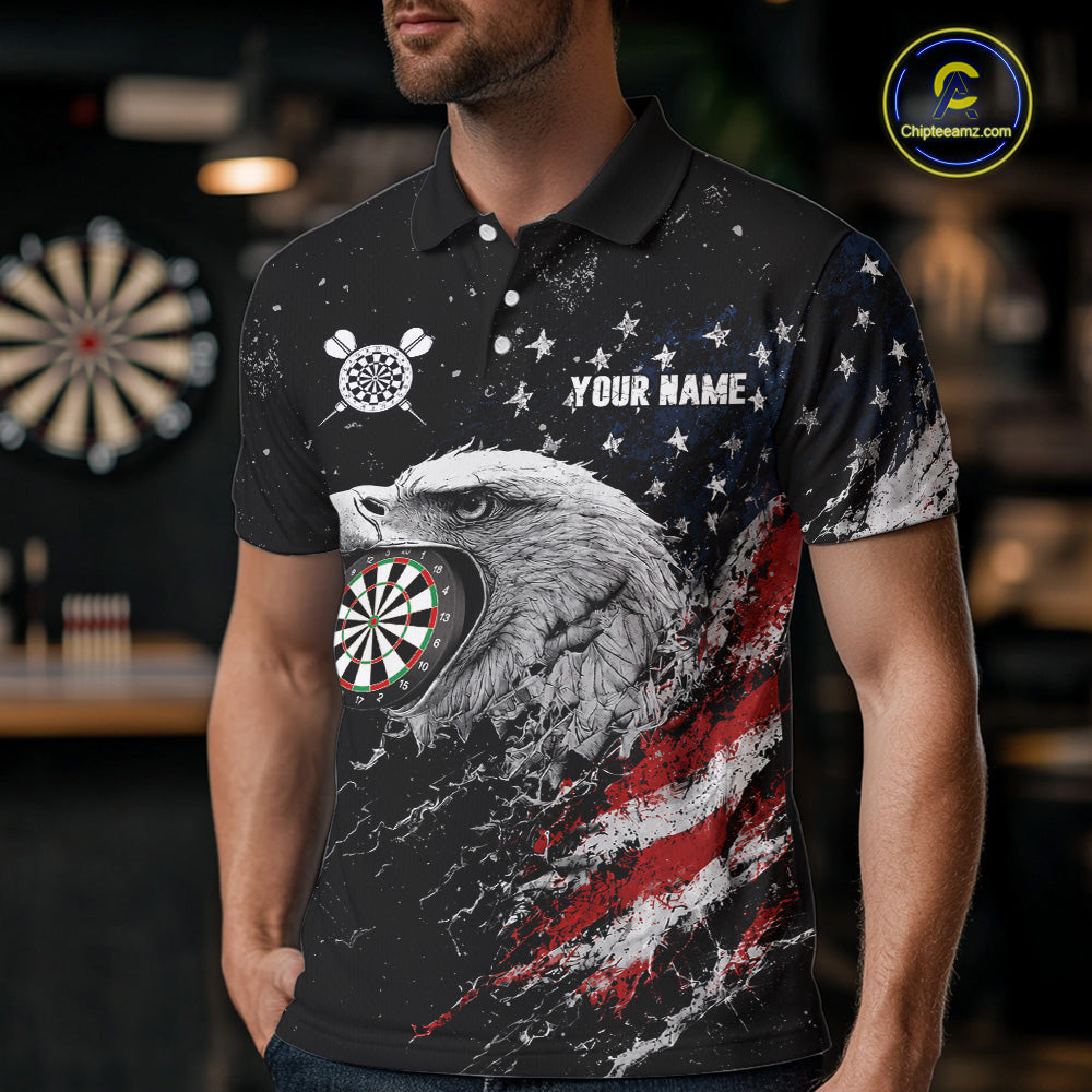 Male model wearing USA Flag Eagle Personalized Darts Polo, Tournament Team Jersey