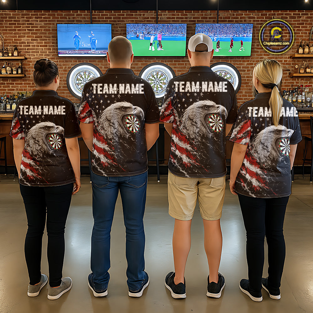 Dart team wearing USA Flag Eagle Custom Tournament Jerseys, Personalized Professional Dart Uniforms