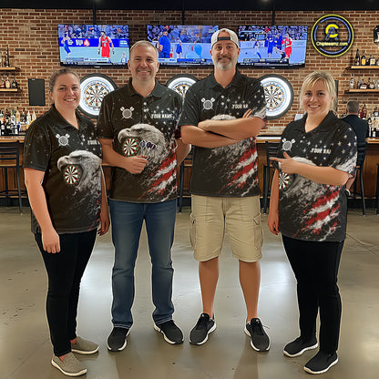 Dart team wearing USA Flag Eagle Custom Tournament Jerseys, Personalized Professional Dart Uniforms