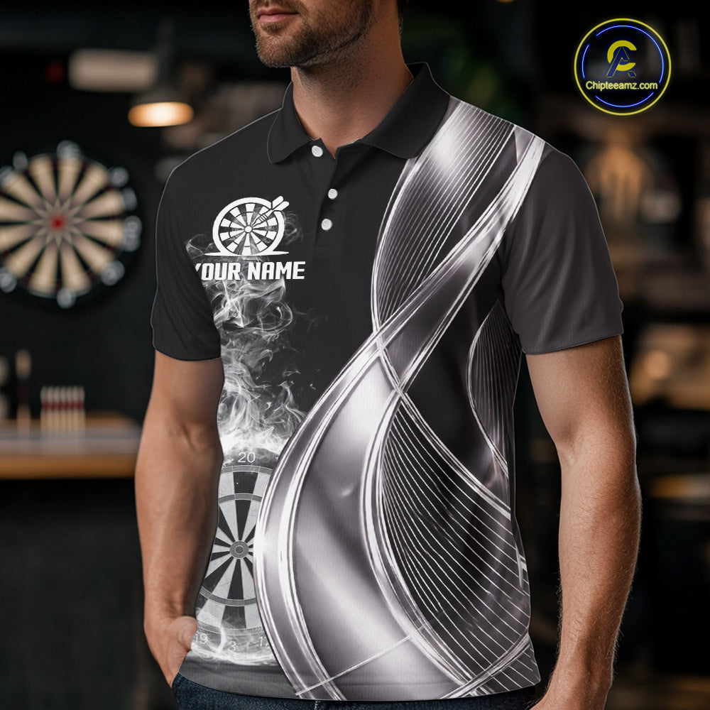 Black And Silver Darts Polo Shirts For Men Custom White Smoke Dartboard Dart Team Jerseys NYN2446