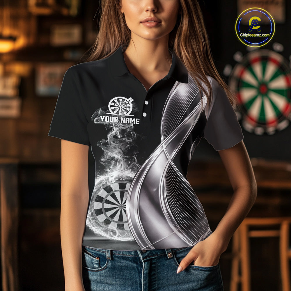 Black And Silver Darts 1/4-Zip Shirts For Women Custom White Smoke Dartboard Dart Team Jerseys NYN2446