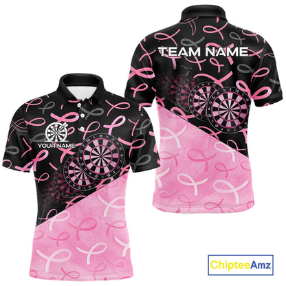 Pink Black Ribbon Blur Dartboard Custom Breast Cancer Awareness Dart Polo Team Shirt For Men NYN2450
