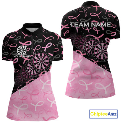 Pink Black Ribbon Blur Dartboard Custom Breast Cancer Awareness Dart Polo Team Shirt For Women NYN2450