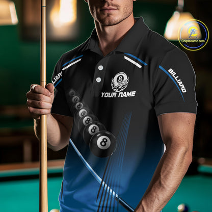 Black & Blue Billiard Ball Cue Pool Men Polo & 1/4-Zip Shirt Custom 8 Ball 3D Billiards Attire NYN2455
