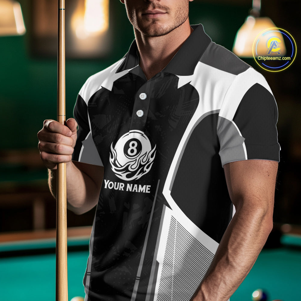White And Black Billiard Pool Men Polo & 1/4-Zip Team Shirts Custom 8 Ball Billiards Cue Attire NYN2458