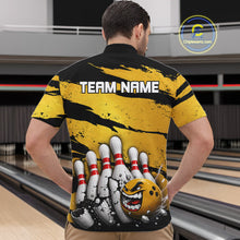 Load image into Gallery viewer, Male model wearing yellow grunge cracked bowling ball and pins shirt custom bowling league jersey