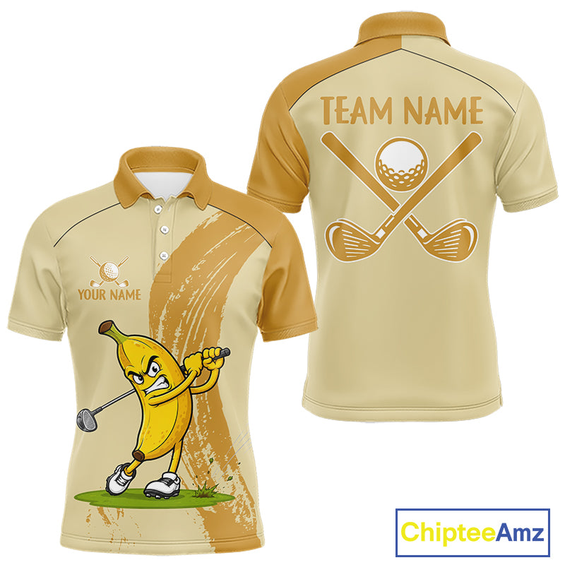 Men's golf polo mockup featuring humorous banana artwork, custom golf shirt for golf teams, leagues and country clubs. Appeals to food lovers, tropical vacation fans and casual golfers