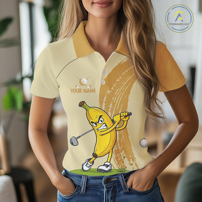 Female golfer wearing banana golf polo during golf tournament, lightweight breathable golf apparel for golf vacations and country clubs.