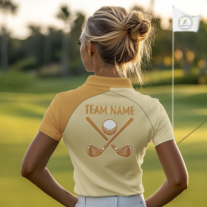 Female golfer wearing banana golf polo during golf tournament, lightweight breathable golf apparel for golf vacations and country clubs.