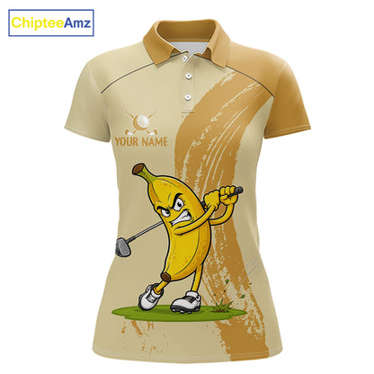 Women's golf polo mockup featuring playful banana graphics, personalized golf apparel for women's golf leagues, golf clubs and vacation golf events.