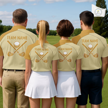 Golf team wearing matching banana golf polos during charity golf event, personalized team apparel representing friendship, teamwork, humor and positive team spirit.