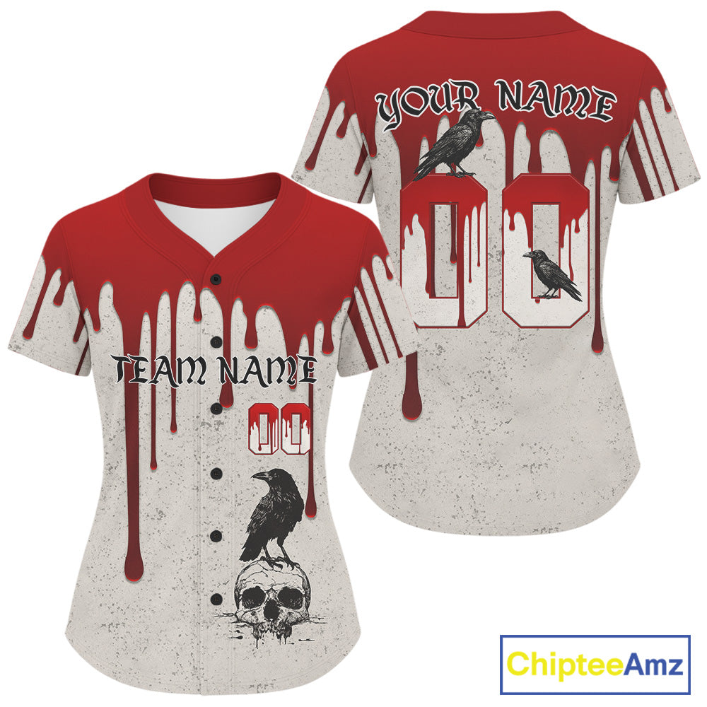 Custom Red Blood Skull Raven Baseball Shirt For Women Horror Halloween Baseball Jerseys NYN1386