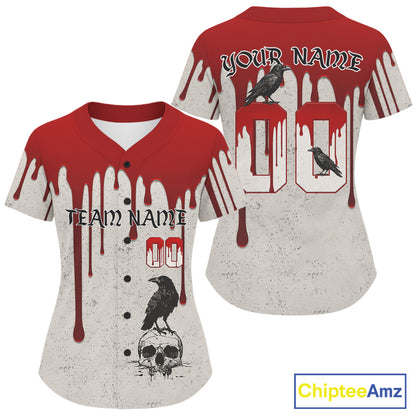 Custom Red Blood Skull Raven Baseball Shirt For Women Horror Halloween Baseball Jerseys NYN1386