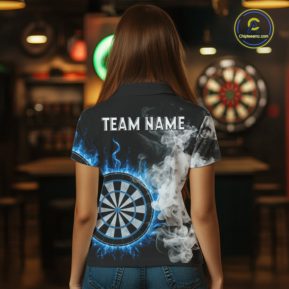Custom White Smokes Blue Flames Dartboard Dart Women Polo Jerseys Dart Team Shirt NYN1668