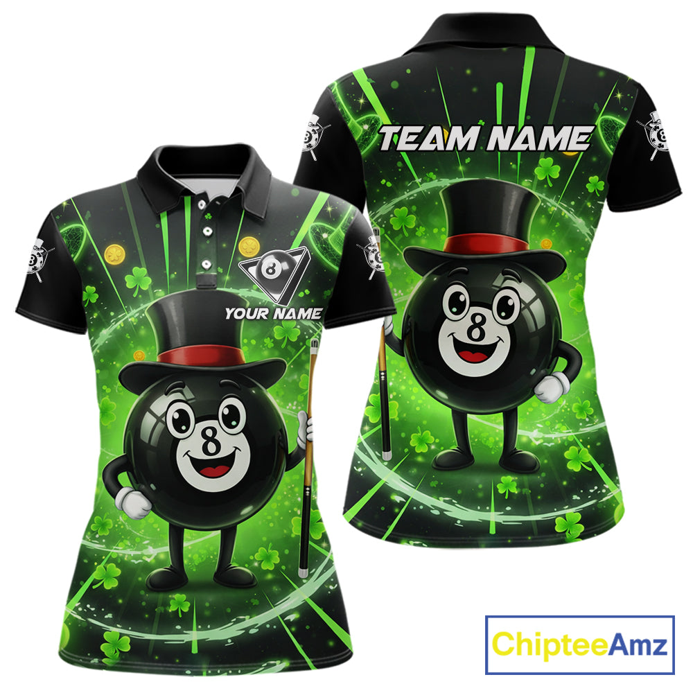 Funny Patrick Day 8 Ball Pool Women's Billiard Polo & 1/4 Zip Shirt Custom Shamrock Billiard Attire NYN2479