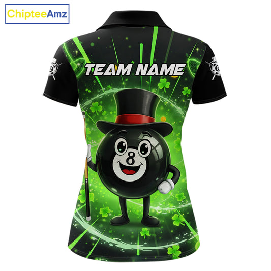Funny Patrick Day 8 Ball Pool Women's Billiard Polo & 1/4 Zip Shirt Custom Shamrock Billiard Attire NYN2479