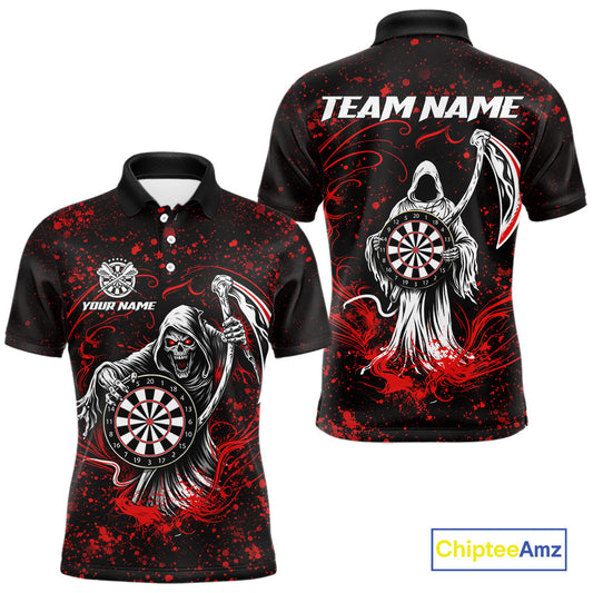 Black & Red Splatter Grim Reaper Hold Dartboard Dart Polo Shirts For Men Custom Dart Team Shirts NYN2681