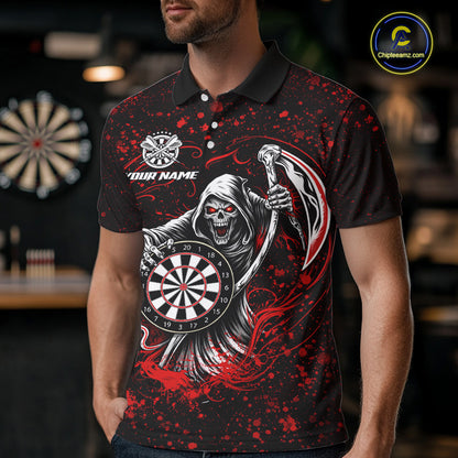 Black & Red Splatter Grim Reaper Hold Dartboard Dart Polo Shirts For Men Custom Dart Team Shirts NYN2681