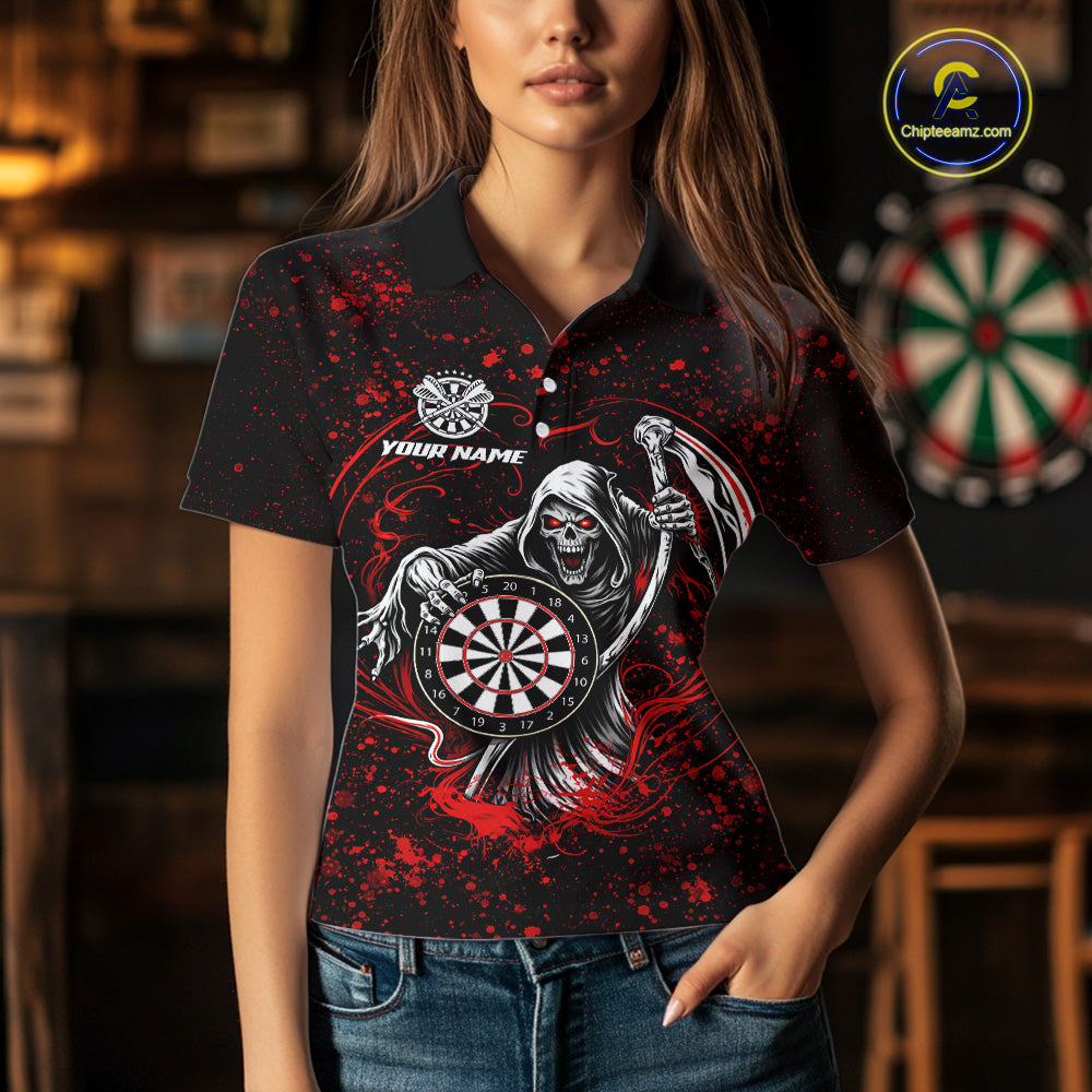 Black & Red Splatter Grim Reaper Hold Dartboard Dart Polo Shirts For Women Custom Dart Team Shirts NYN2681