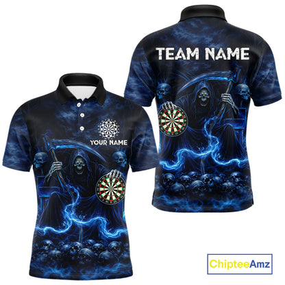 Blue Smoking Grim Reaper Dartboard Dart Polo Shirts For Men Custom Multiskull Dart Team Shirts NYN2683