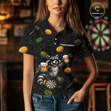 Load image into Gallery viewer, Woman wearing beer and raccoon dart shirt funny dart player apparel