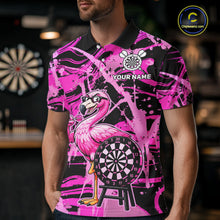 Load image into Gallery viewer, Man wearing funny flamingo pink dart shirt custom tournament apparel