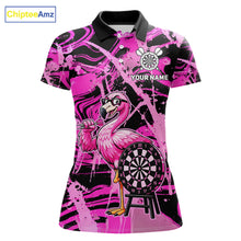 Load image into Gallery viewer, Women's funny flamingo dart polo shirt mockup pink splatter dart jersey
