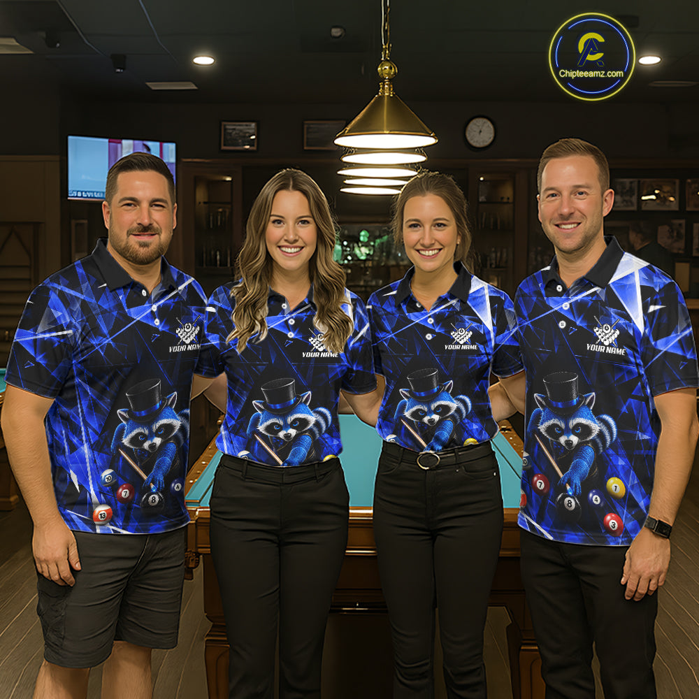Funny Raccoon 8 Ball Billiard Shirt For Women Custom Blue Broken Glass Pool Polo & 1/4 Zip Jersey NYN3790