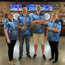Load image into Gallery viewer, Men women dart team wearing Blue Crown Dartboard professional dart team jerseys