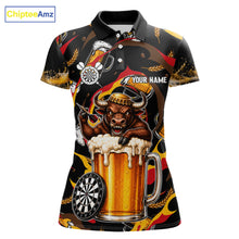 Load image into Gallery viewer, Angry Bull Beer women's dart polo shirt personalized dart jersey, custom dart team uniform, tournament dart shirt