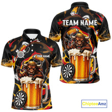 Load image into Gallery viewer, Angry Bull Beer men's dart polo shirt personalized dart jersey, custom dart team uniform, tournament dart shirt