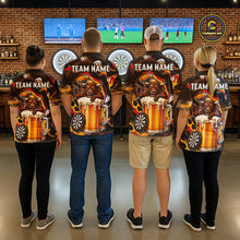 Load image into Gallery viewer, Men women dart team wearing Angry Bull Beer custom dart uniforms for competitive tournaments