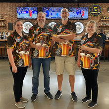 Load image into Gallery viewer, Men women dart team wearing Angry Bull Beer custom dart uniforms for competitive tournaments