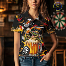 Load image into Gallery viewer, Female dart player wearing Alligator Beer personalized dart shirt, tournament dart apparel