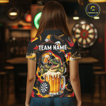 Load image into Gallery viewer, Female dart player wearing Alligator Beer personalized dart shirt, tournament dart apparel