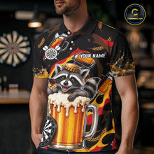 Load image into Gallery viewer, Male dart player wearing Raccoon Beer custom dart jersey during dart match and tournament event