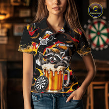 Load image into Gallery viewer, Female dart player wearing Raccoon Beer custom dart jersey during dart match