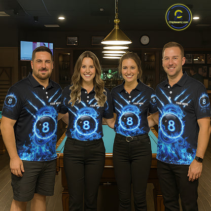 Blue Flaming Dragon Pool 8 Ball Men Billiard Team Shirt Custom Billiard Polo & 1/4-Zip Attire NYN2497