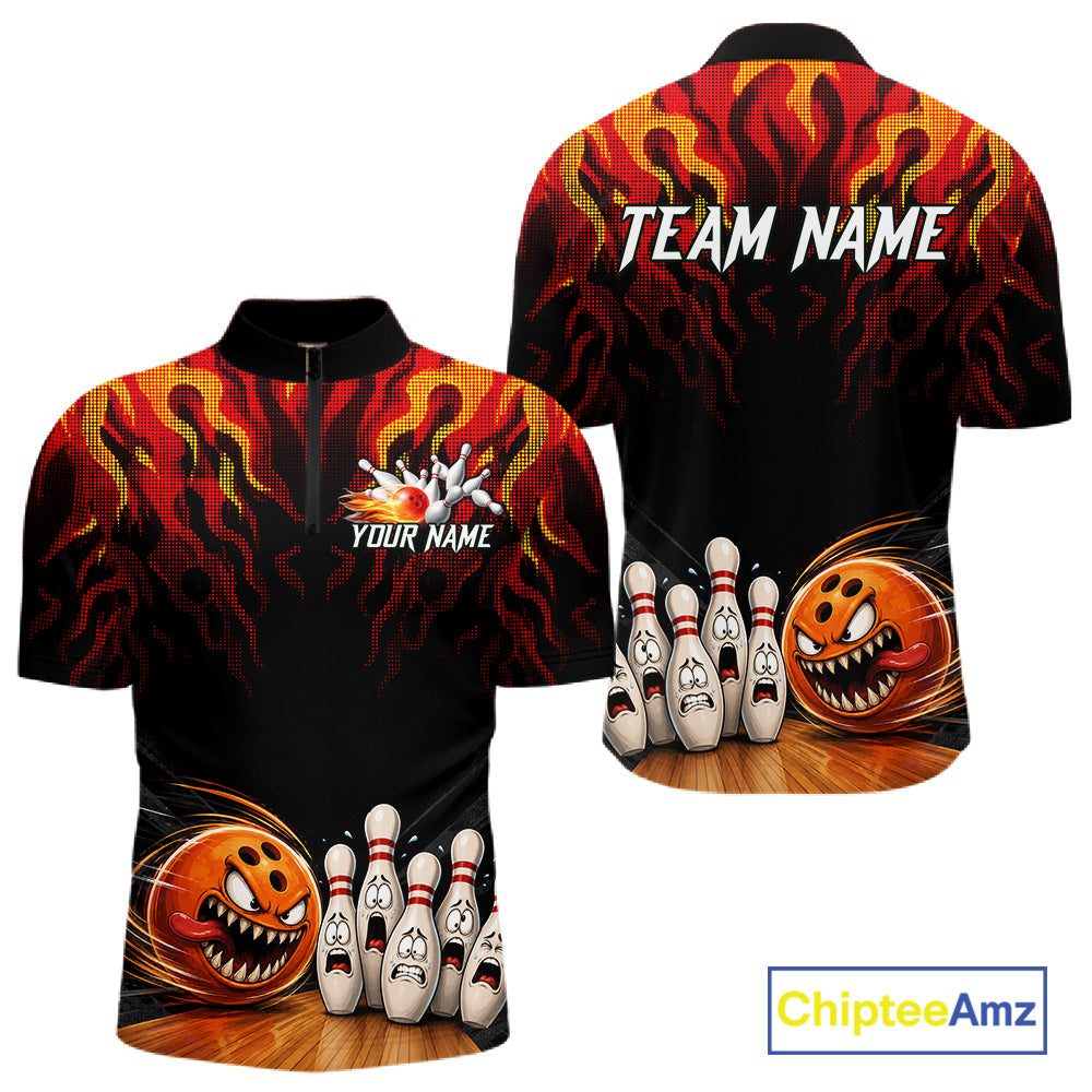 Funny Angry Ball & Pins Mens Bowling Shirt Custom Fire Flame Team Bowling Jersey For Bowlers NYN3232